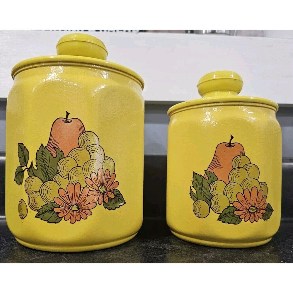 Vintage Kromex Faceted Aluminum 2 Canister Set Yellow Fruit Floral Plastic Lids